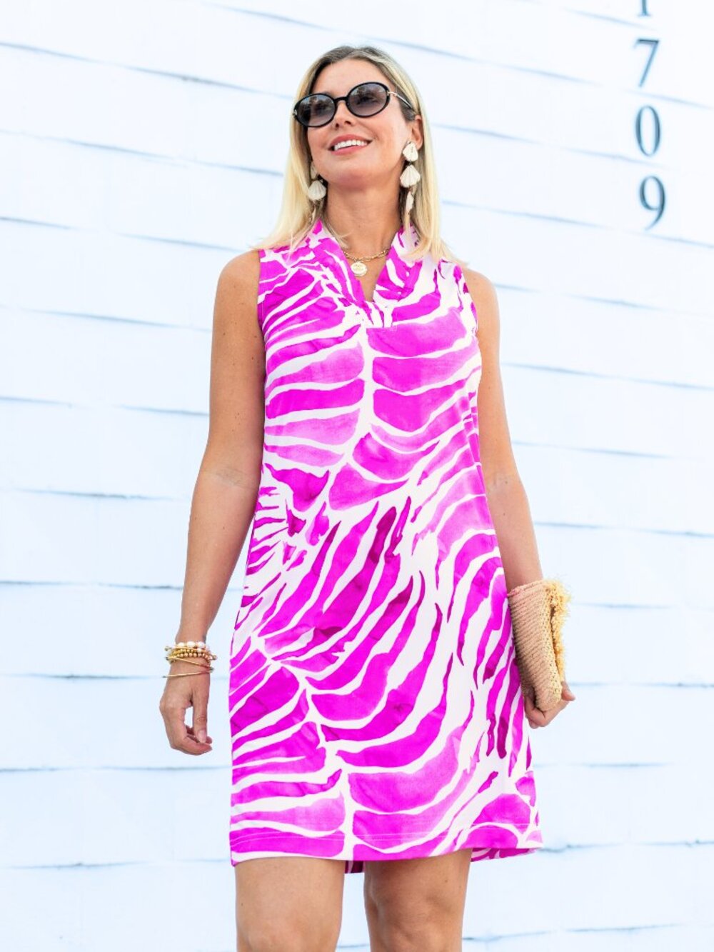 La Mer Luxe Sleeveless Augusta Ruffle Neck Dress- Pink Batik